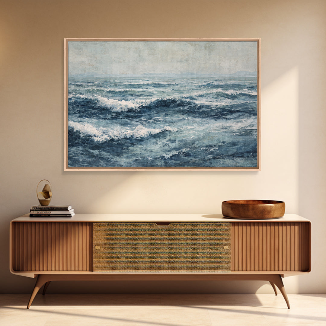 Stormy Ocean Wave Framed Canvas Print, Black and White Art, Retro Wall Art, Living Room Decor, Monochrome, Luxury Decor, BAW-3x2-86