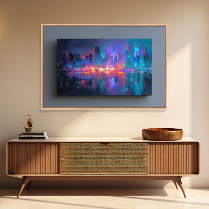 Monochrome City Skyline Reflected Framed Canvas Print, Black and White Art, Art, Living Room Decor, Fine Art, Monochrome, BAW-3x2-87