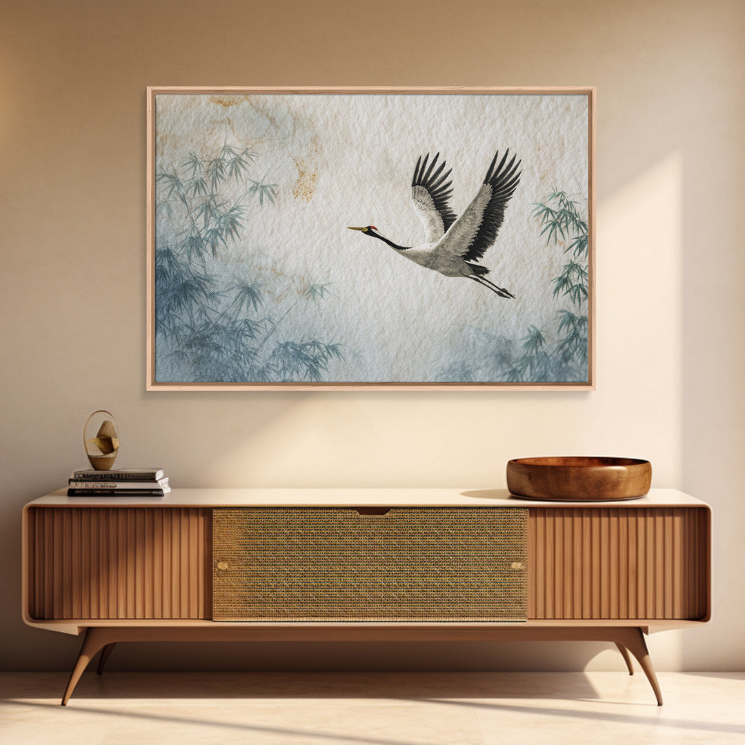 Black Ink Crane Flying Across Empty Sky Canvas Print, Black and White Art, Boho Decor, Living Room Decor, Oil Painting, BAW-3x2-89