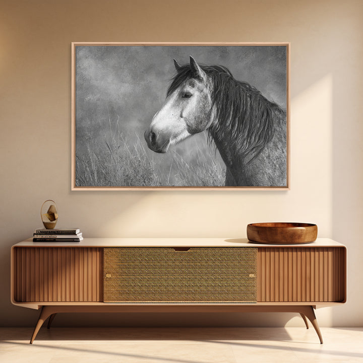 Black and White Wild Horse Portrait Framed Canvas Print, Black and White Art, Canvas Print, Living Room Decor, Monochrome, BAW-3x2-9