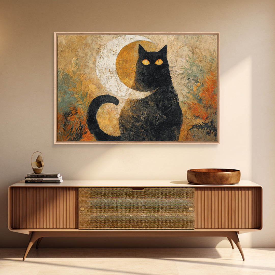 Black Cat Silhouette Framed Canvas Print, Black and White Art, Digital Prints, Living Room Decor, Fine Art, Monochrome, BAW-3x2-92