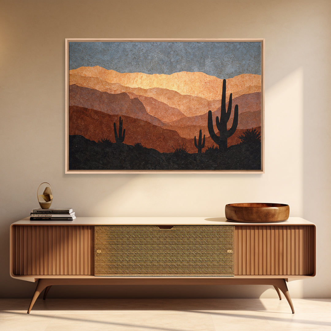 Monochrome Desert Cactus Silhouette Framed Canvas Print, Black and White Art, Luxury Decor, Living Room Decor, Monochrome, BAW-3x2-97