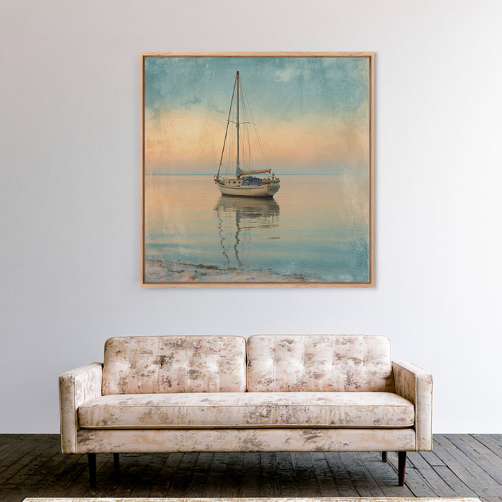 Sunset Sailboat Silhouette on Calm Water Canvas Print, Beach Art, Modern Art, Coastal Decor, Oil Painting, Shore, Luxury Decor, BEA-1x1-30