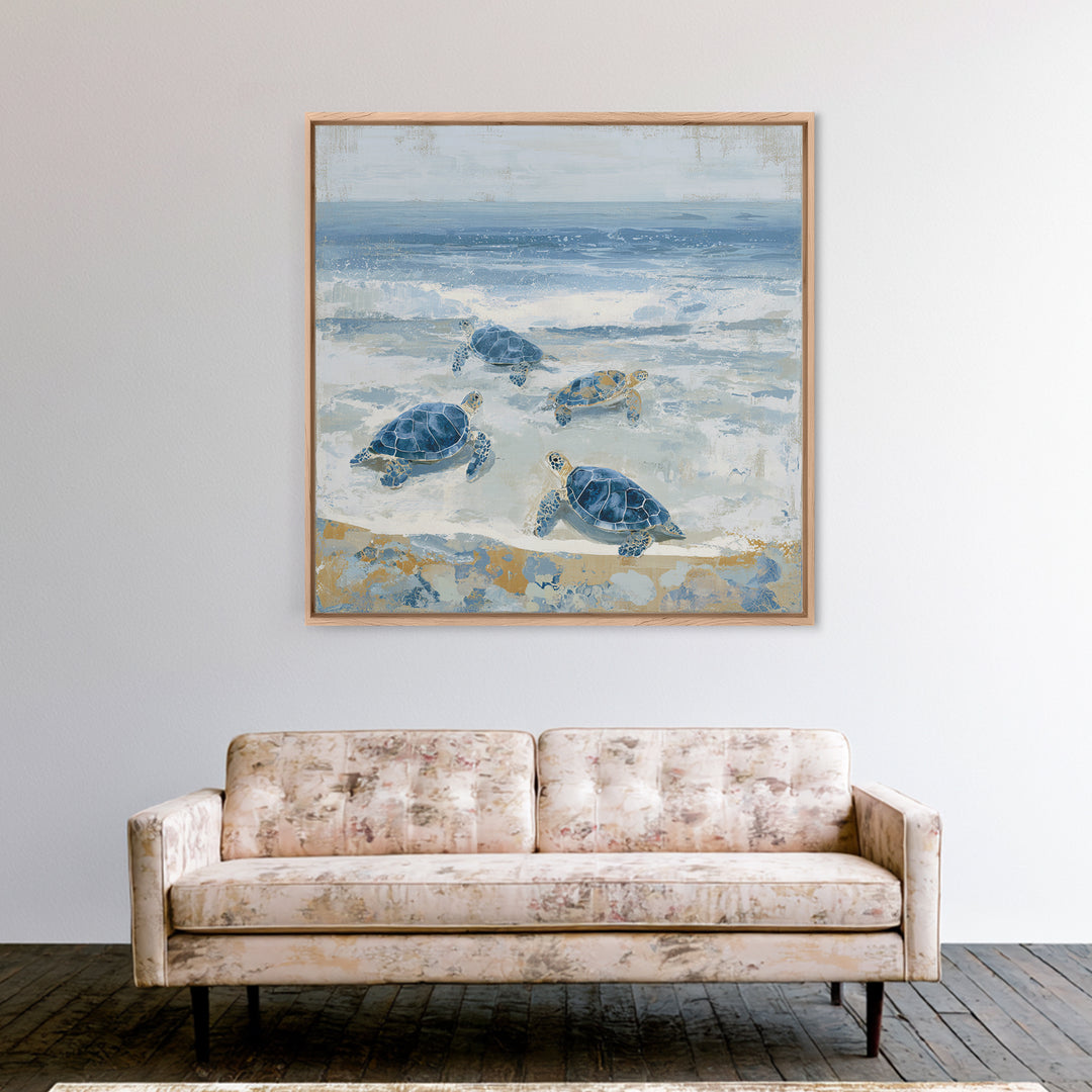 Family of Sea Turtles Crossing Moonlit Sand Framed Canvas Print, Beach Art, Coastal Art, Coastal Decor, Fine Art, Shore, BEA-1x1-38