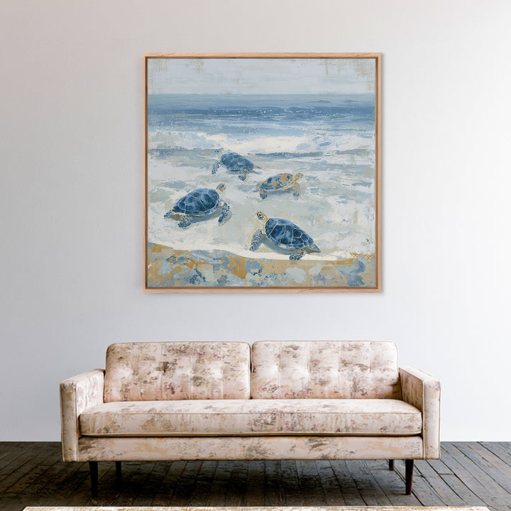 Family of Sea Turtles Crossing Moonlit Sand Framed Canvas Print, Beach Art, Coastal Art, Coastal Decor, Fine Art, Shore, BEA-1x1-38