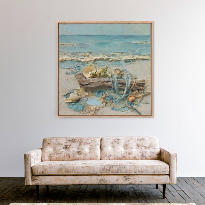 Driftwood and Wildflowers on Sand Framed Canvas Print, Beach Art, Coastal Decor, Oil Painting, Shore, Boho Decor, BEA-1x1-46