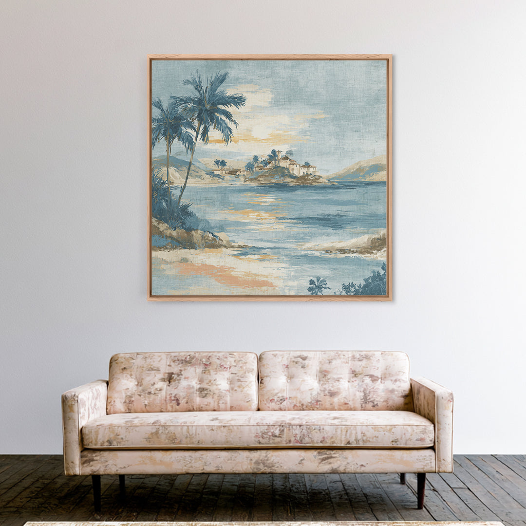 Moonlit Tropical Beach Framed Canvas Print, Beach Art, Art, Coastal Decor, Fine Art, Shore, Abstract Wall Art, Whimsical Decor, BEA-1x1-48