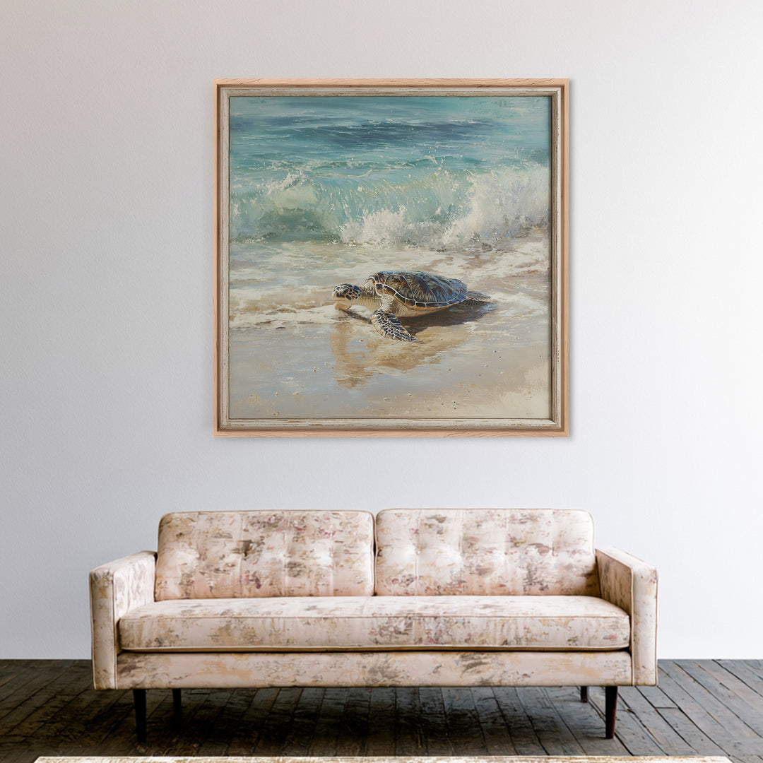 Family of Sea Turtles Crossing Moonlit Sand Framed Canvas Print, Beach Art, Coastal Art, Coastal Decor, Fine Art, Shore, BEA-1x1-62