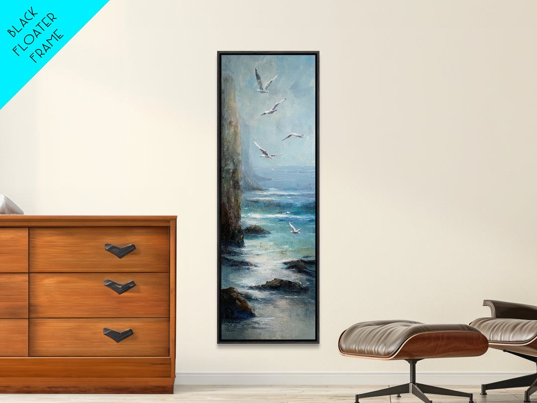Coastal Cliffs with Gulls and Sea Spray Framed Canvas Print, Beach Art, Digital Wall Art, Coastal Decor, Fine Art, Shore, BEA-1x3-47