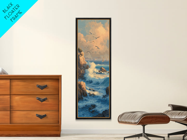Coastal Cliffs with Gulls and Sea Spray Framed Canvas Print, Beach Art, Nautical Decor, Coastal Decor, Fine Art, Shore, BEA-1x3-71