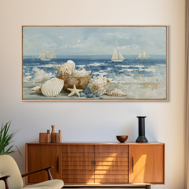 Nautical Rope and Shell Still Life Framed Canvas Print, Beach Art, Minimalist Decor, Coastal Decor, Shore, Original Art, BEA-2x1-13
