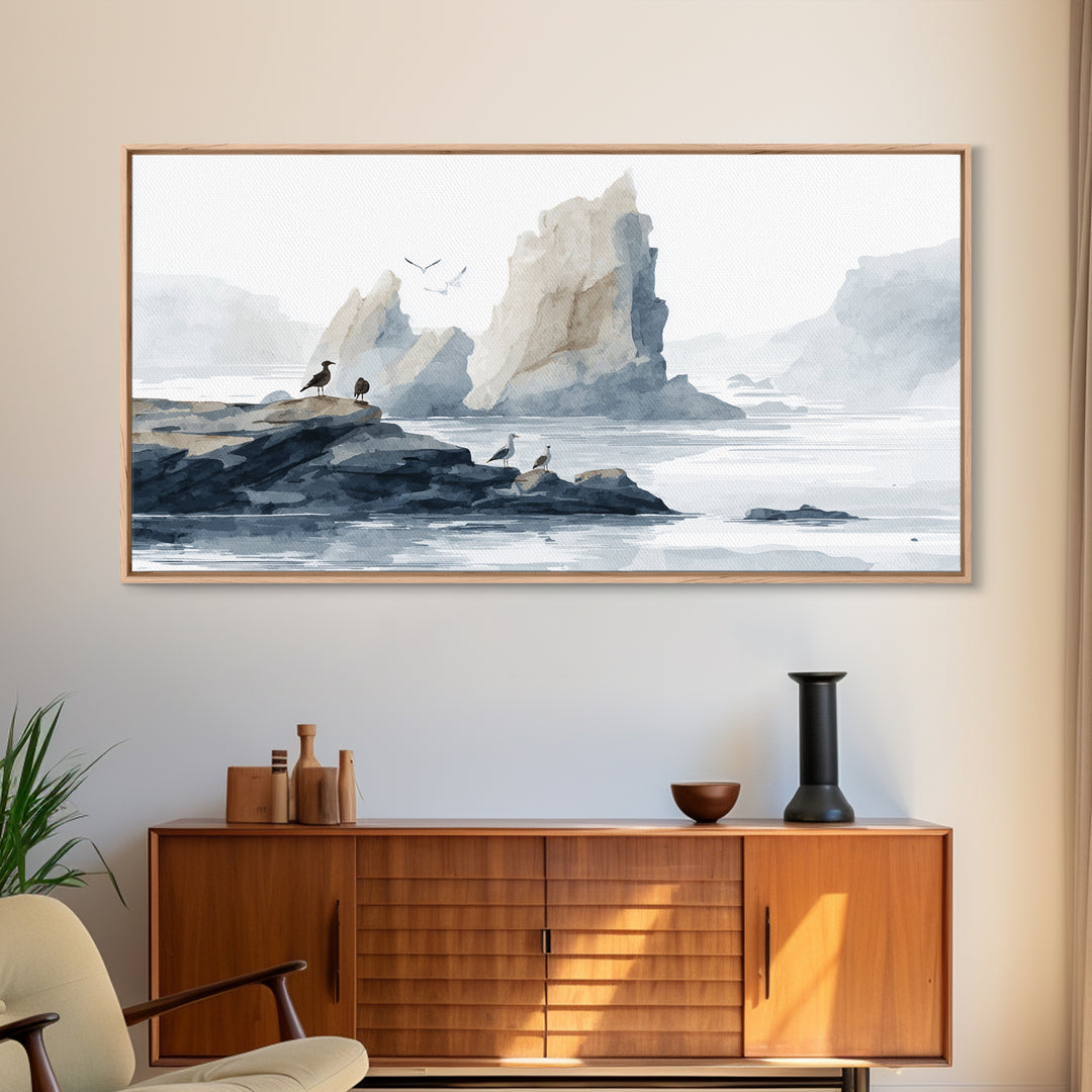 Coastal Cliffs with Gulls and Sea Spray Framed Canvas Print, Beach Art, Art, Coastal Decor, Fine Art, Shore, Abstract Wall Art, BEA-2x1-7