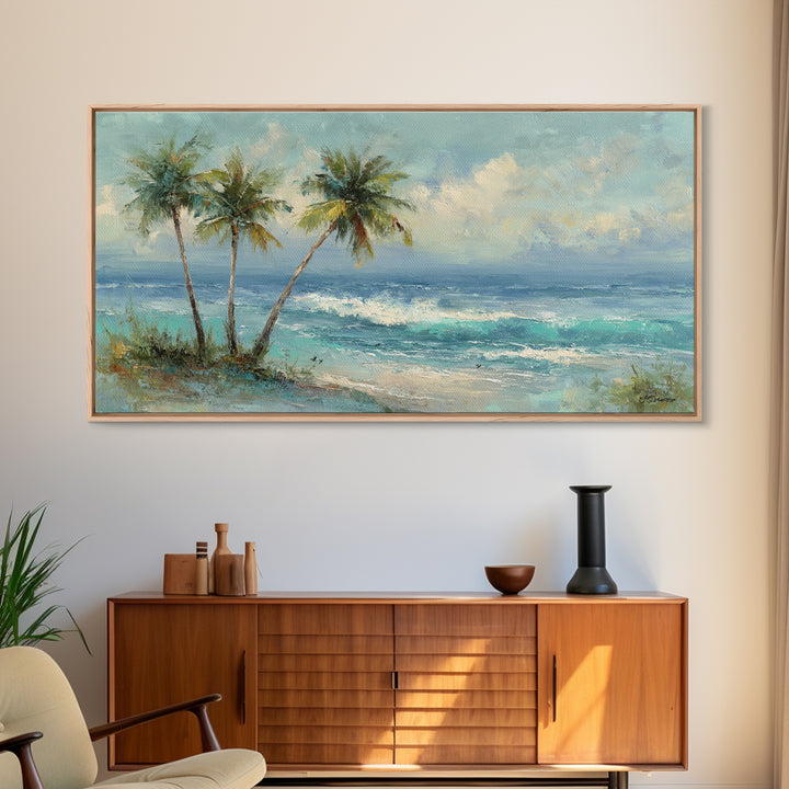 Tropical Palms Leaning Framed Canvas Print, Beach Art, Boho Decor, Coastal Decor, Fine Art, Shore, Art Prints, Digital Art, BEA-2x1-75