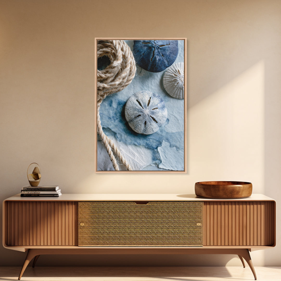 Minimal Sand Dollar Study on Textured Paper Framed Canvas Print, Beach Art, Digital Art, Coastal Decor, Oil Painting, Shore, BEA-2x3-20