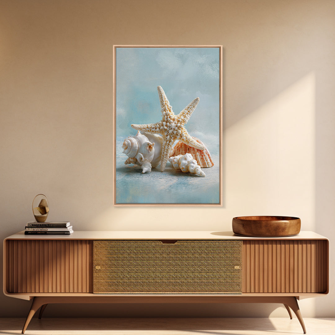 Sun Bleached Starfish and Shells Still Life Framed Canvas Print, Beach Art, Coastal Decor, Oil Painting, Shore, BEA-2x3-21