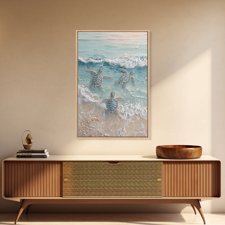 Family of Sea Turtles Crossing Moonlit Sand Framed Canvas Print, Beach Art, Textured Painting, Coastal Decor, Fine Art, Shore, BEA-2x3-22