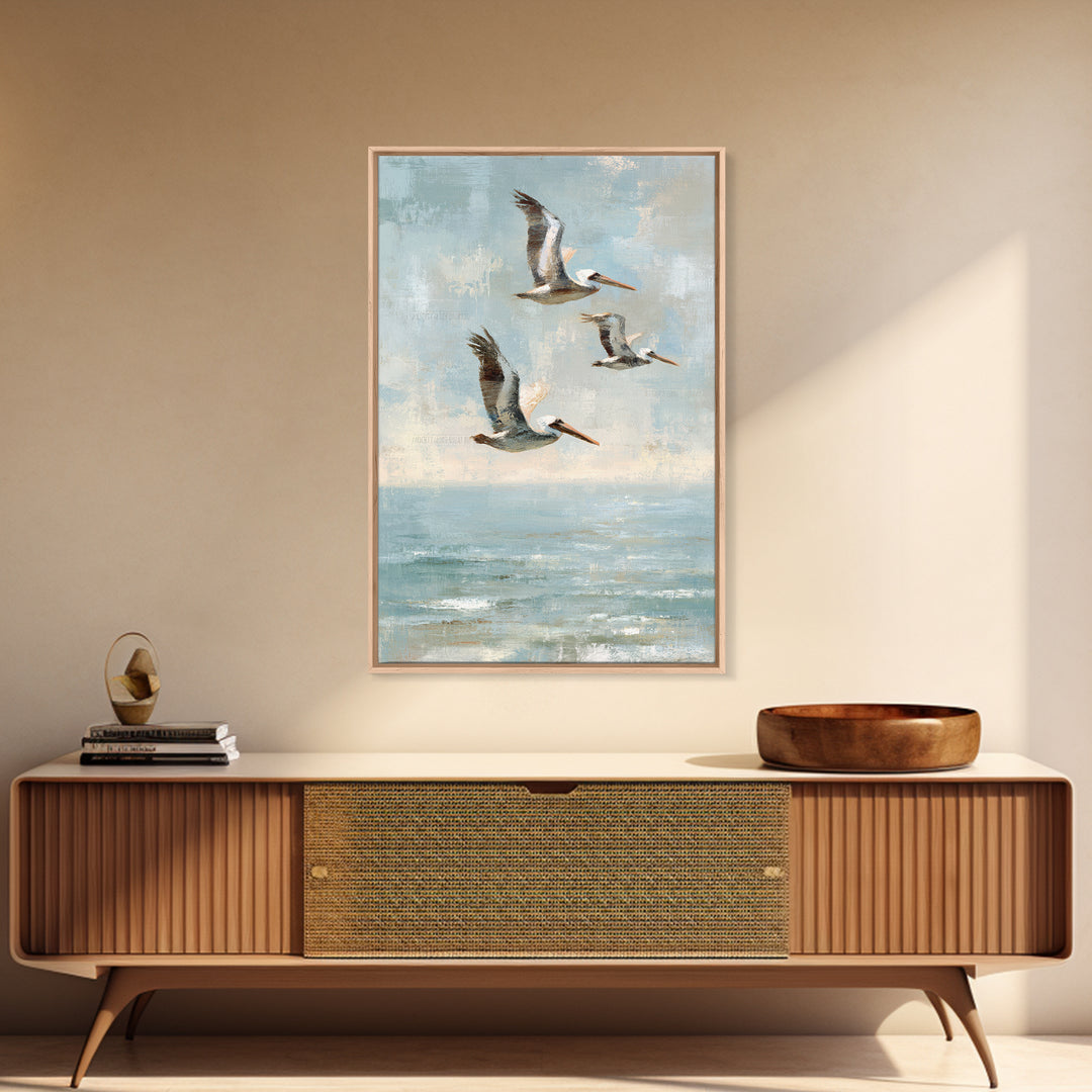 Pelicans Flying Low Framed Canvas Print, Beach Art, Beach Print, Coastal Decor, Fine Art, Shore, Textured Painting, BEA-2x3-3