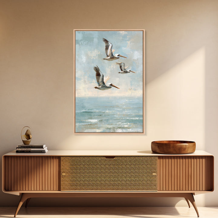 Pelicans Flying Low Framed Canvas Print, Beach Art, Beach Print, Coastal Decor, Fine Art, Shore, Textured Painting, BEA-2x3-3