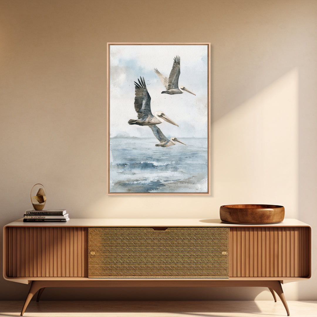 Pelicans Flying Low Framed Canvas Print, Beach Art, Room Decor, Coastal Decor, Oil Painting, Shore, Original Painting, BEA-2x3-51