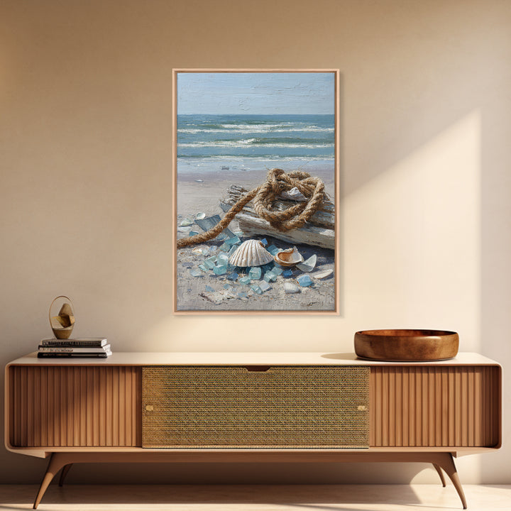 Nautical Rope and Shell Still Life Framed Canvas Print, Beach Art, Original Art, Coastal Decor, Fine Art, Shore, Beach Decor, BEA-2x3-97