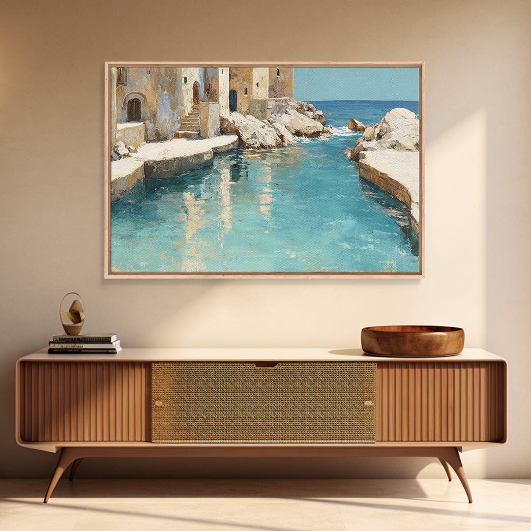Mediterranean Cove with Clear Water Framed Canvas Print, Beach Art, Whimsical Decor, Coastal Decor, Shore, Beach Print, BEA-3x2-24