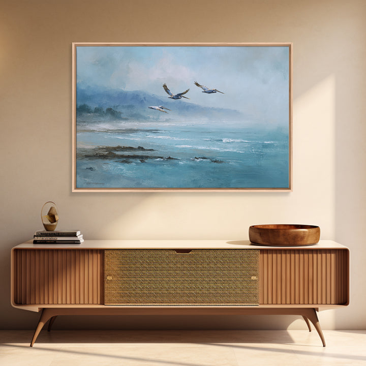 Pelicans Flying Low Framed Canvas Print, Beach Art, Room Decor, Coastal Decor, Oil Painting, Shore, Original Painting, BEA-3x2-47