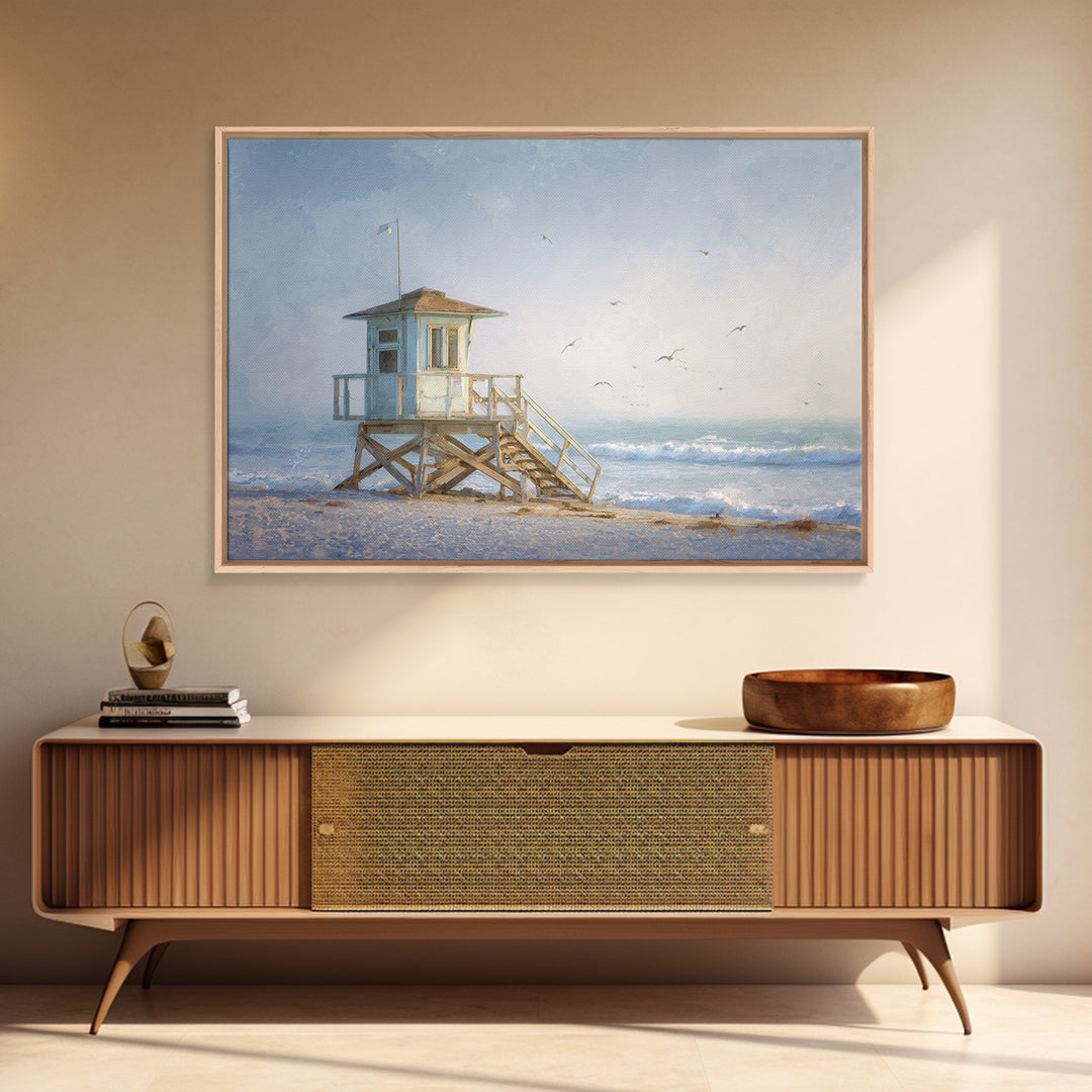 Quiet Lifeguard Tower at Golden Hour Framed Canvas Print, Beach Art, Coastal Decor, Oil Painting, Shore, Whimsical Decor, BEA-3x2-55