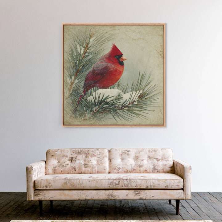 Red Cardinal on Snowy Pine Branch Framed Canvas Print, Bird Art, Nature Wall Art, Living Room Decor, Watercolor Art, Flight, BIR-1x1-1