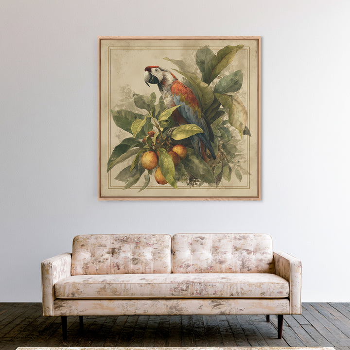 Parrot Among Tropical Leaves and Fruit Canvas Print, Bird Art, Living Room Art, Living Room Decor, Watercolor Art, Flight, BIR-1x1-13