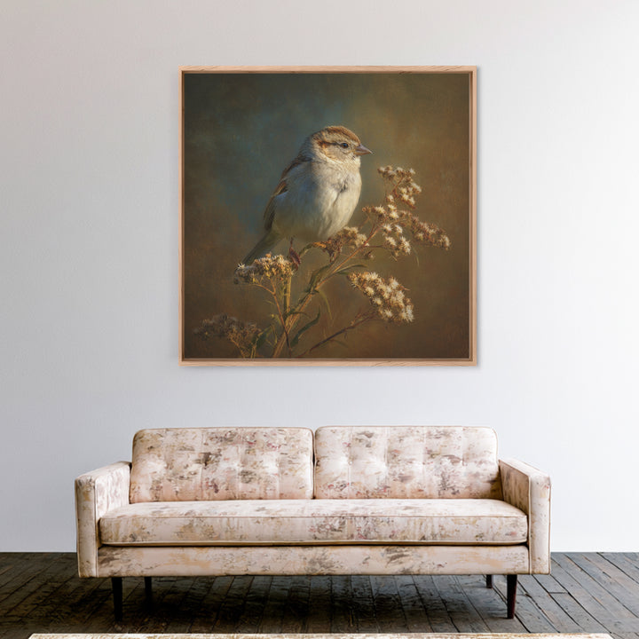 Small Sparrow on Wildflower Stem Canvas Print, Bird Art, Mid Century Wall Art, Living Room Decor, Flight, Fine Art Print, BIR-1x1-14