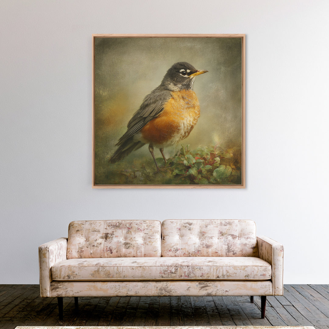 Robin in a Spring Garden with Soft Canvas Print, Bird Art, Japanese Wall Art, Living Room Decor, Watercolor Art, Flight, BIR-1x1-15