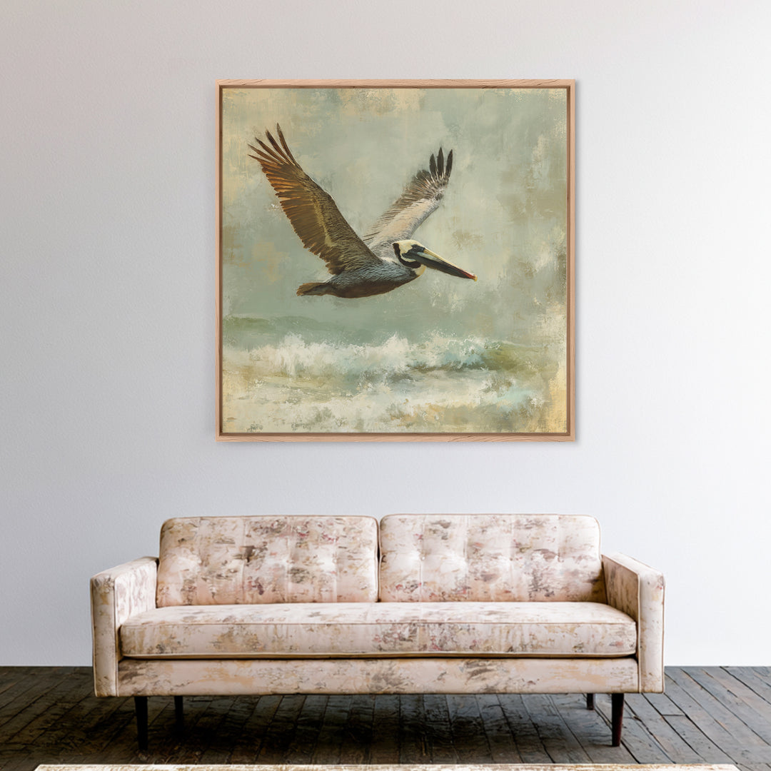 Pelican Flying over Coastal Waves Canvas Print, Bird Art, Modern Art, Living Room Decor, Fine Art, Flight, Floral Art, BIR-1x1-18