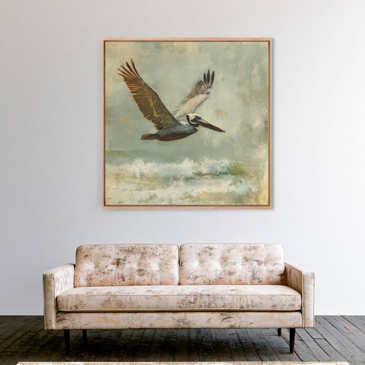 Pelican Flying over Coastal Waves Canvas Print, Bird Art, Modern Art, Living Room Decor, Fine Art, Flight, Floral Art, BIR-1x1-18