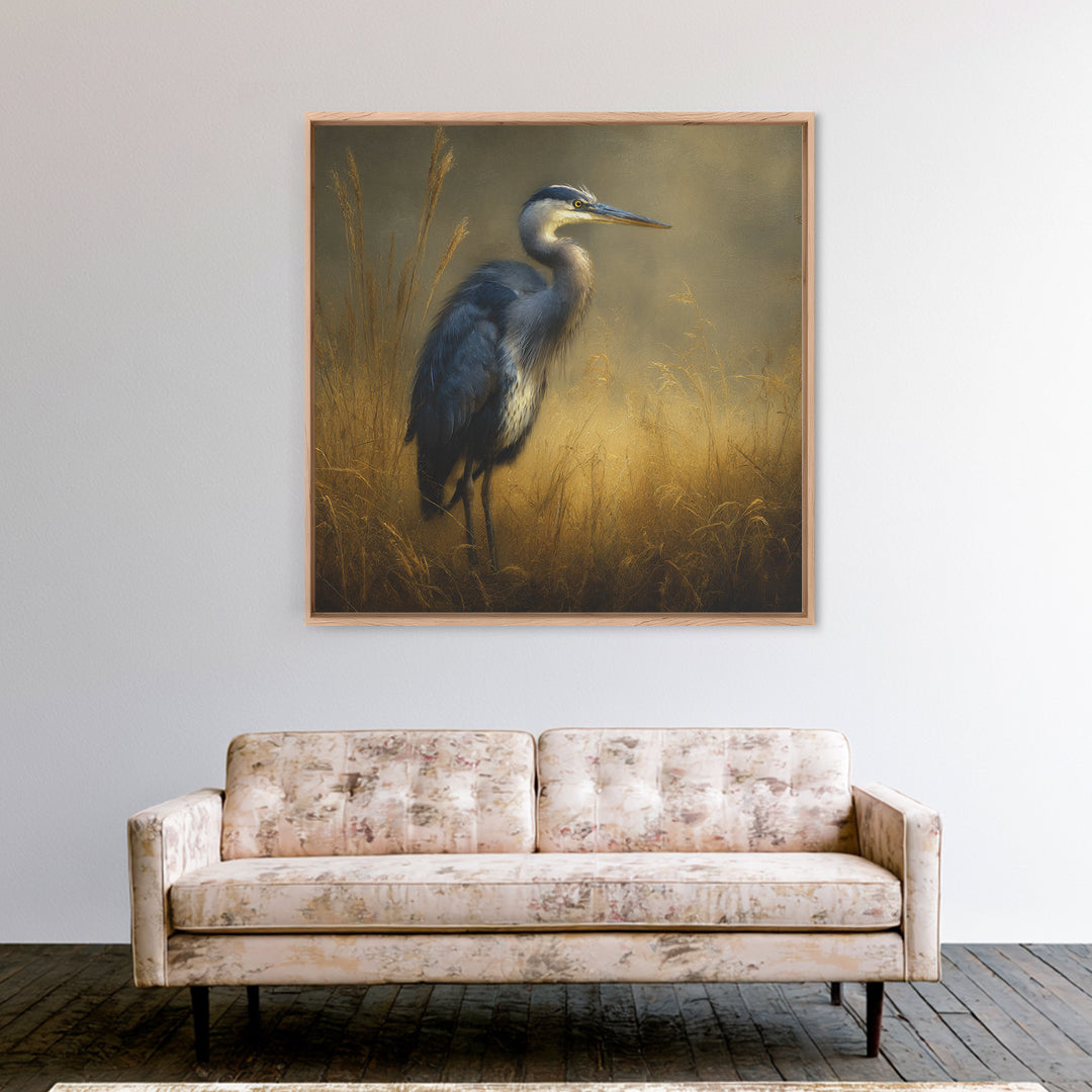 Blue Heron in Misty Marsh Grass Framed Canvas Print, Bird Art, Gallery Wall, Living Room Decor, Fine Art, Flight, Gallery Decor, BIR-1x1-2