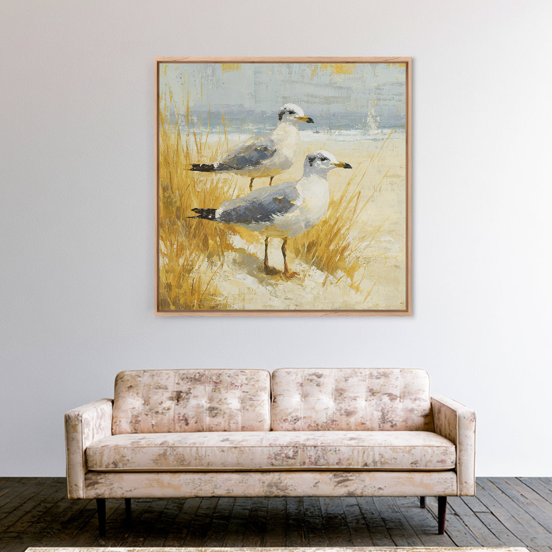 Seagulls Above a Pale Beach Horizon Canvas Print, Bird Art, Mid Century Modern, Living Room Decor, Flight, Botanical Wall Art, BIR-1x1-20