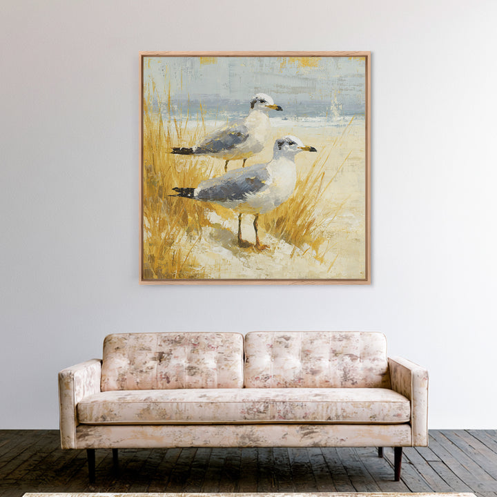 Seagulls Above a Pale Beach Horizon Canvas Print, Bird Art, Mid Century Modern, Living Room Decor, Flight, Botanical Wall Art, BIR-1x1-20