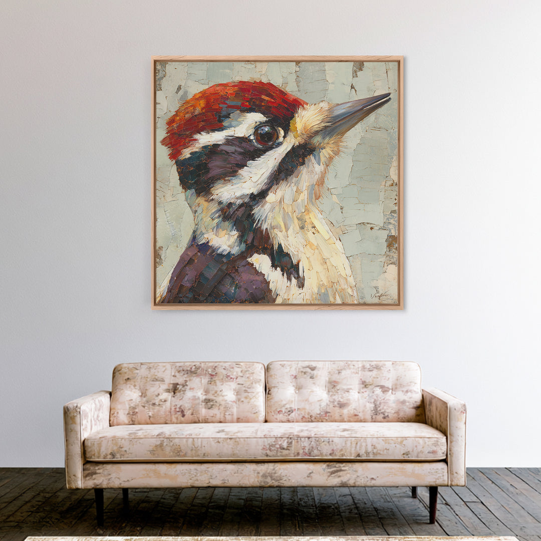 Woodpecker on Birch Bark Texture Framed Canvas Print, Bird Art, Bird Wall Art, Living Room Decor, Fine Art, Flight, Art Print, BIR-1x1-21