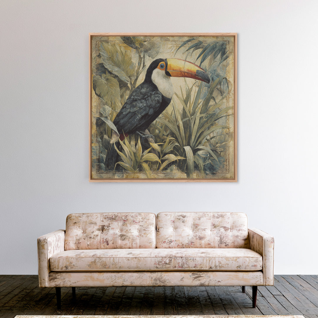 Toucan Framed by Bold Jungle Foliage Canvas Print, Bird Art, Printable Art, Living Room Decor, Flight, Mid Century Wall Art, BIR-1x1-23