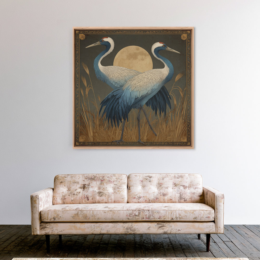 Pair of Cranes Dancing Framed Canvas Print, Bird Art, Living Room Decor, Fine Art, Flight, Rustic Home Decor, Floral Art, BIR-1x1-27