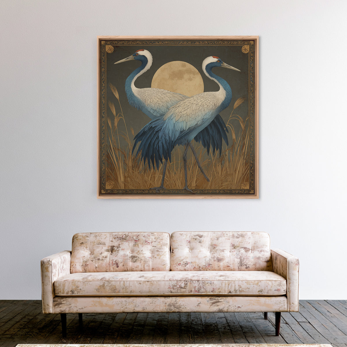 Pair of Cranes Dancing Framed Canvas Print, Bird Art, Living Room Decor, Fine Art, Flight, Rustic Home Decor, Floral Art, BIR-1x1-27