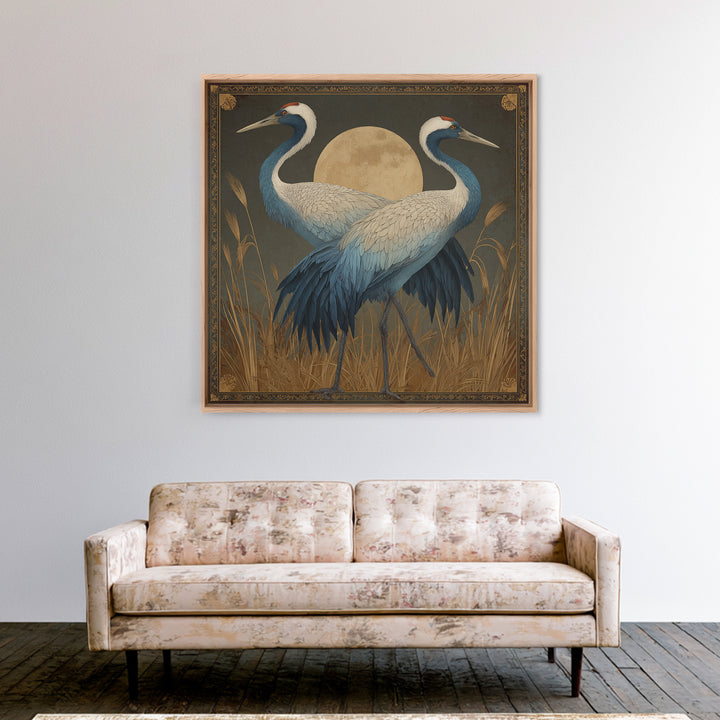 Pair of Cranes Dancing Framed Canvas Print, Bird Art, Living Room Decor, Fine Art, Flight, Rustic Home Decor, Floral Art, BIR-1x1-27
