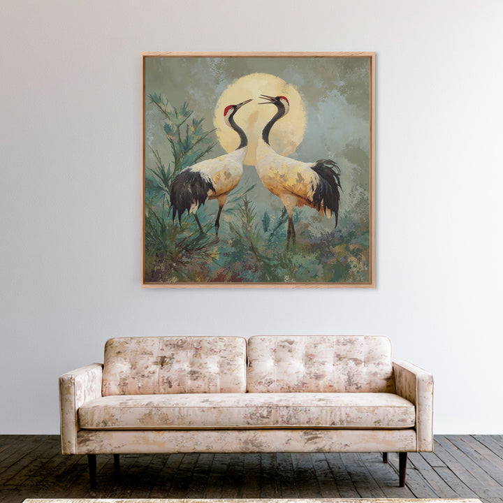 Pair of Cranes Dancing Canvas Print, Bird Art, Farmhouse Decor, Living Room Decor, Abstract Art, Flight, Digital Download Art, BIR-1x1-3
