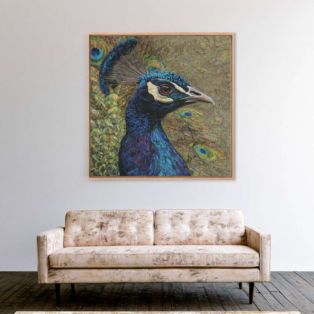 Peacock with Jewel Tone Feather Pattern Canvas Print, Bird Art, Modern Art, Living Room Decor, Fine Art, Flight, Floral Art, BIR-1x1-31