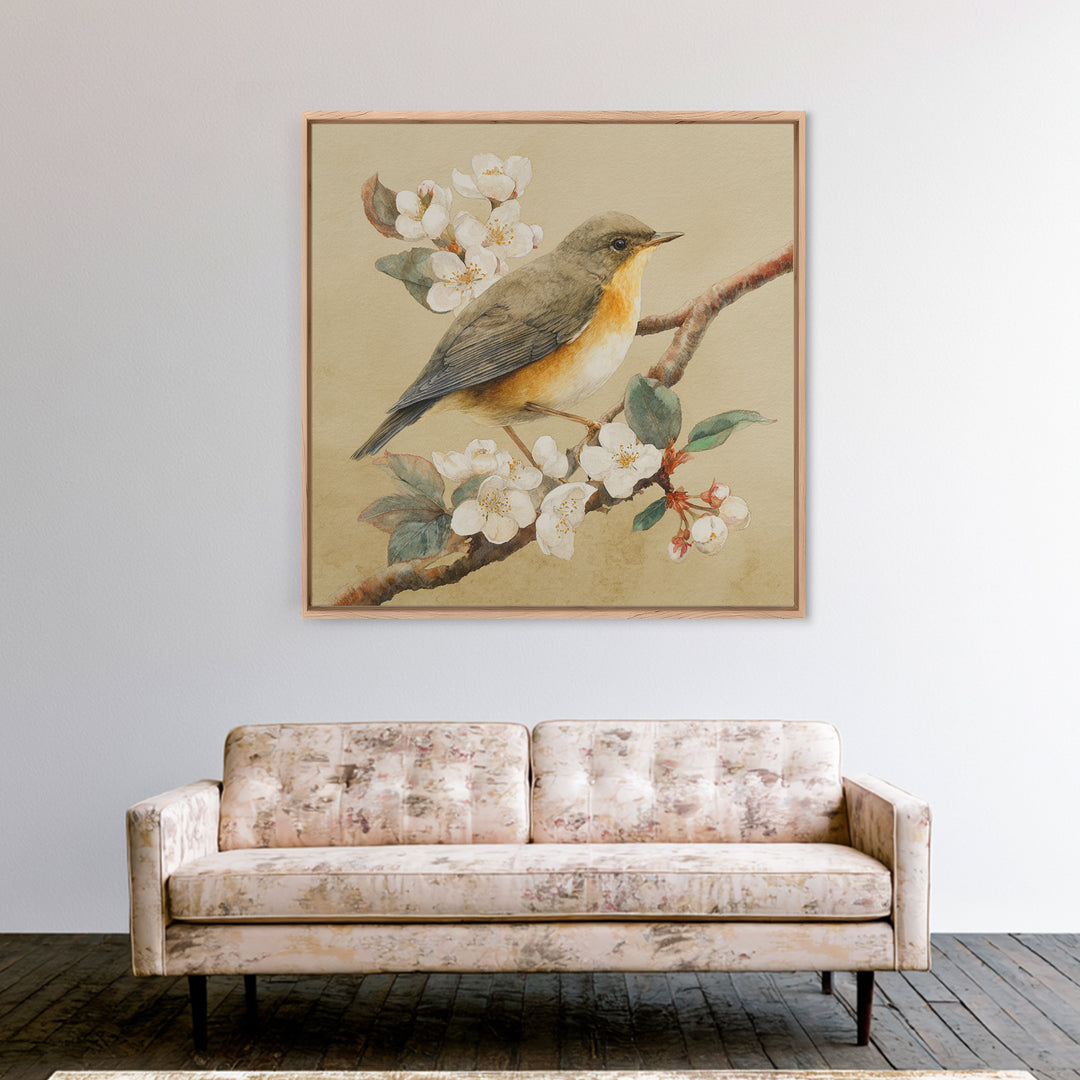 Songbird Perched on Cherry Blossoms Framed Canvas Print, Bird Art, Gallery Decor, Living Room Decor, Fine Art, Flight, BIR-1x1-32