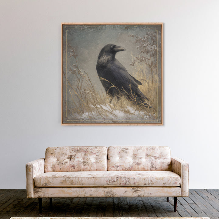 Raven Silhouette with Gothic Atmosphere Framed Canvas Print, Bird Art, Statement Artwork, Living Room Decor, Abstract Art, BIR-1x1-33