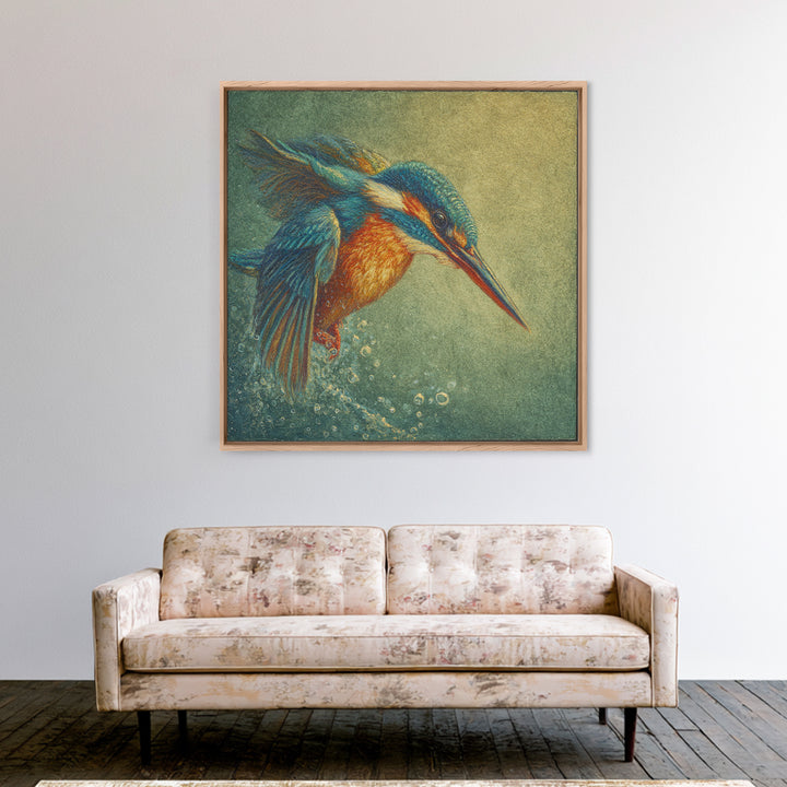 Kingfisher Diving Toward Blue Water Canvas Print, Bird Art, Botanical Wall Art, Living Room Decor, Flight, Forest Wall Art, BIR-1x1-35
