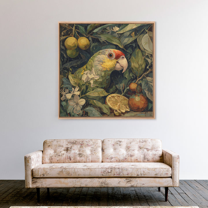 Parrot Among Tropical Leaves and Fruit Framed Canvas Print, Bird Art, Forest Wall Art, Living Room Decor, Oil Painting, Flight, BIR-1x1-37