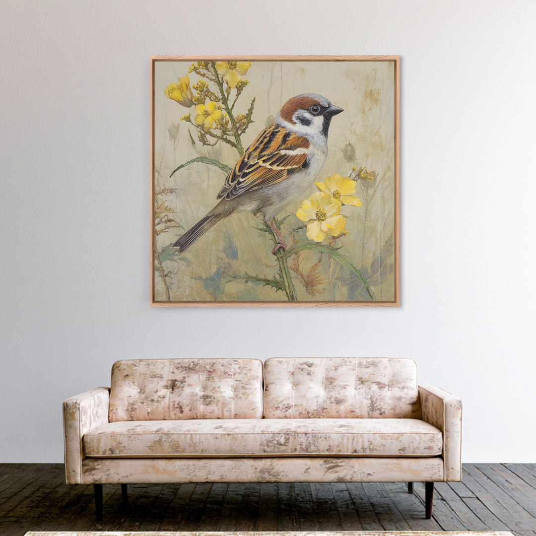 Small Sparrow on Wildflower Stem Framed Canvas Print, Bird Art, Nature Wall Art, Living Room Decor, Fine Art, Flight, BIR-1x1-38