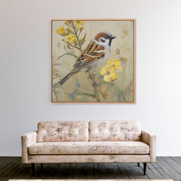 Small Sparrow on Wildflower Stem Framed Canvas Print, Bird Art, Nature Wall Art, Living Room Decor, Fine Art, Flight, BIR-1x1-38