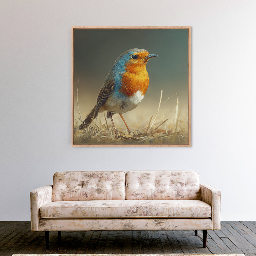 Robin in a Spring Garden with Soft Framed Canvas Print, Bird Art, Gallery Wall, Living Room Decor, Flight, Gallery Decor, BIR-1x1-39